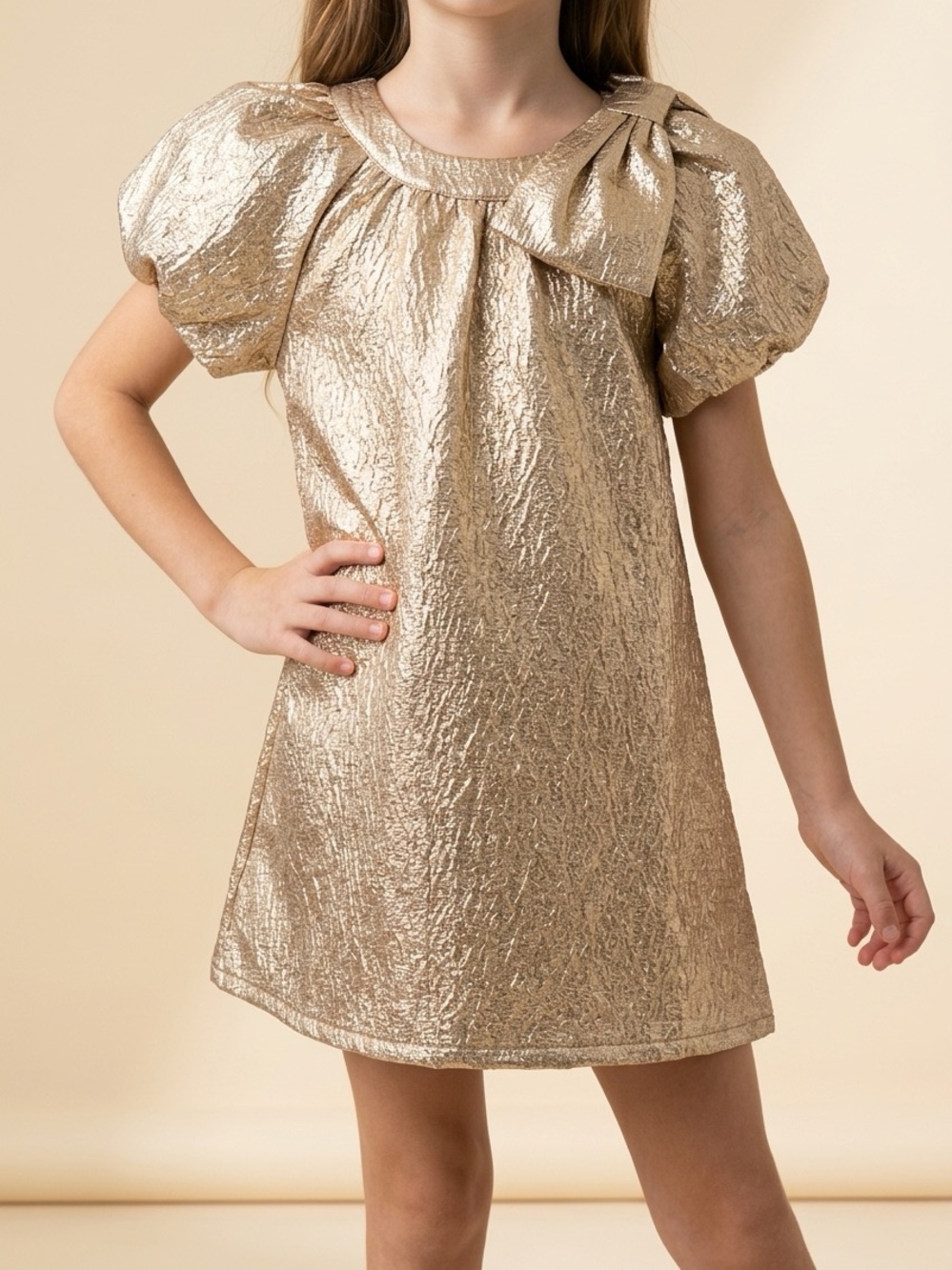 Badgley Mischka Metallic Gold Puff-Sleeve w/ 3D Bow accent on Neckline Dress